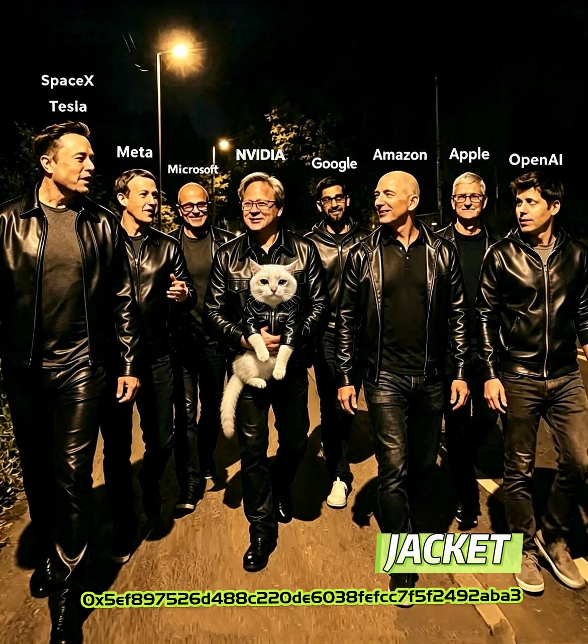 The founders of the AI era walking together in black leather jackets: Musk, Zuckerberg, Nadella, Huang holding a cat, Pichai, Bezos, Cook and Altman
